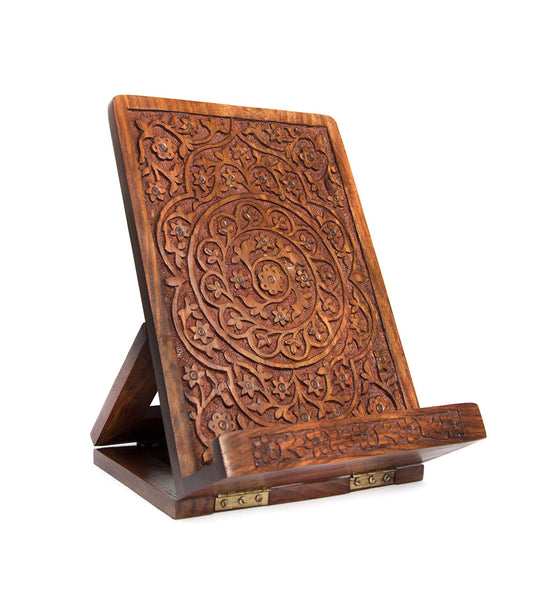 Mandala Floral Cookbook Stand - Carved Indian Rosewood