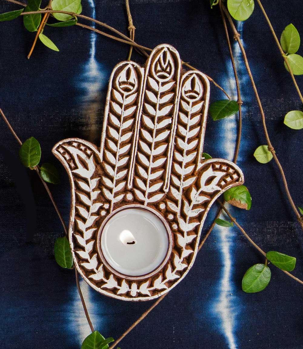 Aashiyana Hamsa Tea Light Candle Holder - Antiqued Hand Carved Wood