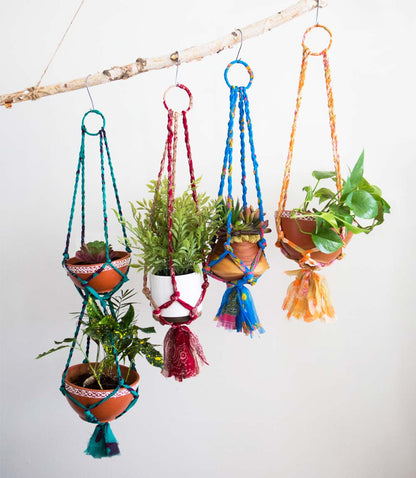 Macrame Plant Hanger - Assorted Upcycled Sari