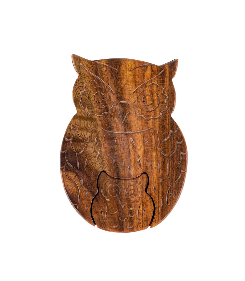 Wooden Mom and Baby Owl Puzzle Box - Sheesham Indian Rosewood