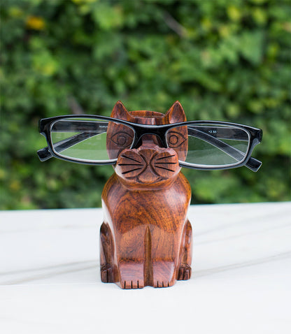 Cat Eyeglass Holder Stand - Hand Carved Wood