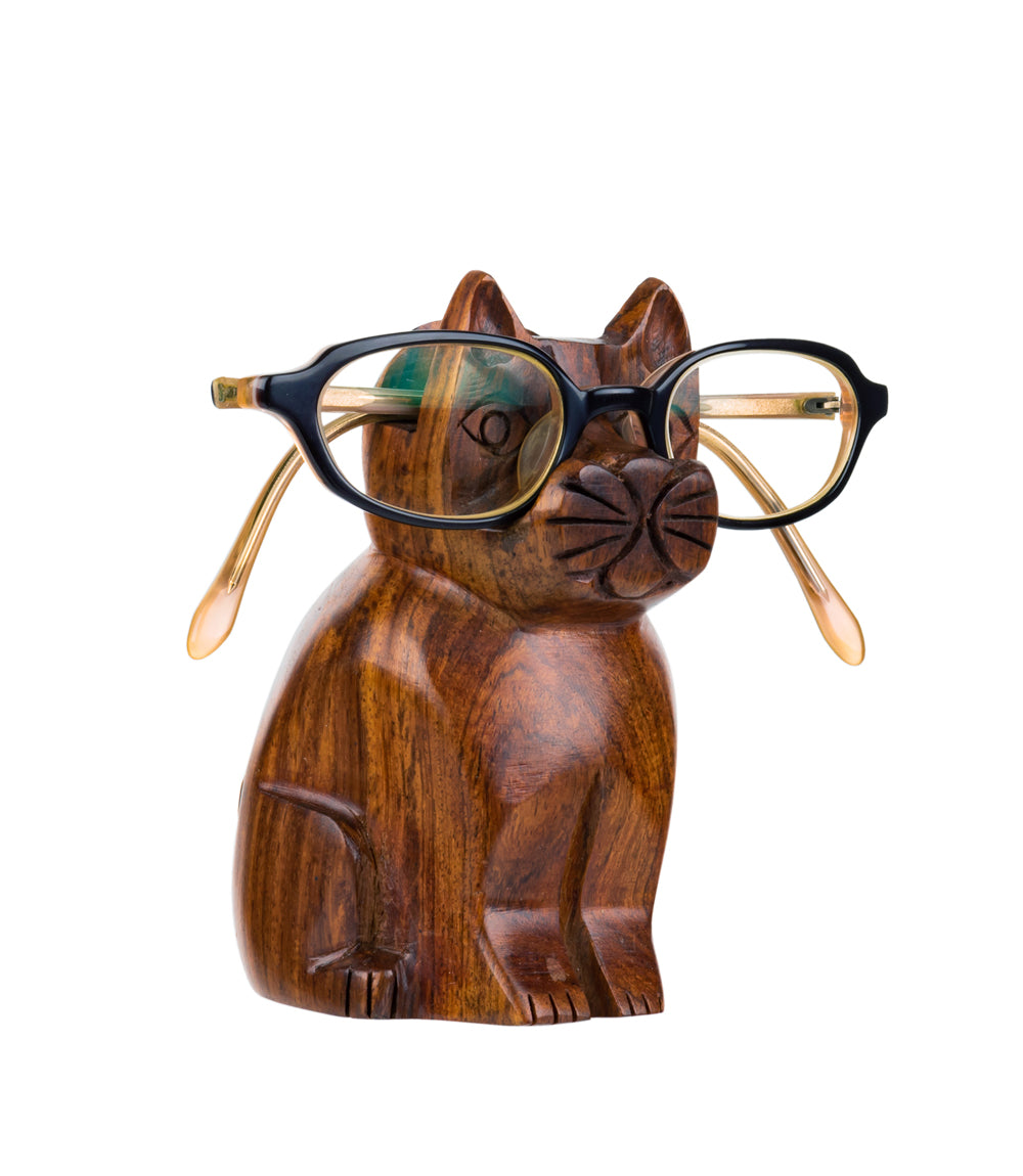 Cat Eyeglass Holder Stand - Hand Carved Wood