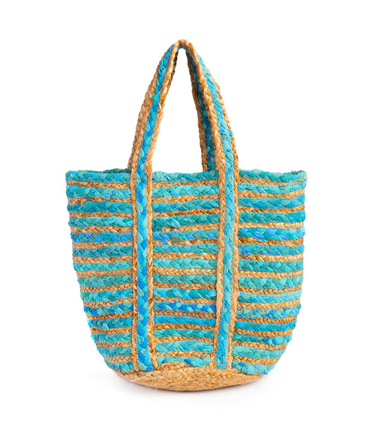 Chindi Blue Beach Bag Tote - Upcycled Fabric, Hand Woven - Matr Boomie Wholesale