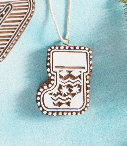 Hima Bindu Stocking Ornament - Hand Carved Sheesham