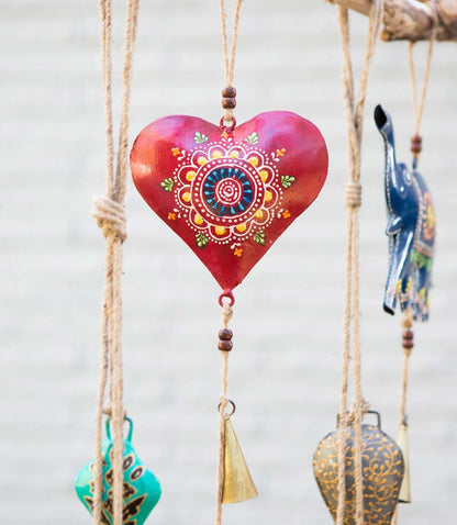 Henna Treasure Heart Bell Wind Chime - Hand Painted Patio Decor