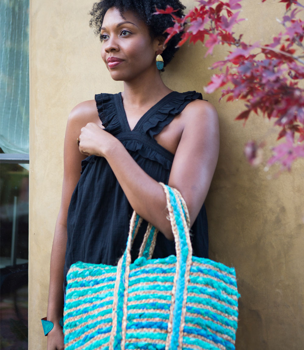 Chindi Blue Beach Bag Tote - Upcycled Fabric, Hand Woven