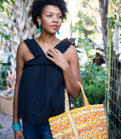 Chindi Yellow Beach Bag Tote - Upcycled Fabric, Hand Woven