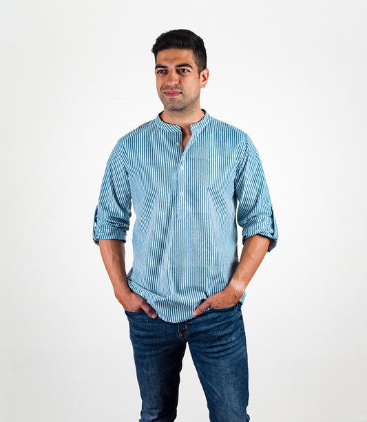 Dhavit Men's Blue Striped Collarless Dress Shirt - Cotton, L