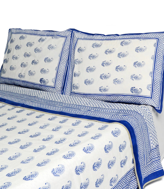 Dreams in India Paisley Coverlet + Sham Set - Blue King, Block Print. Set of 3