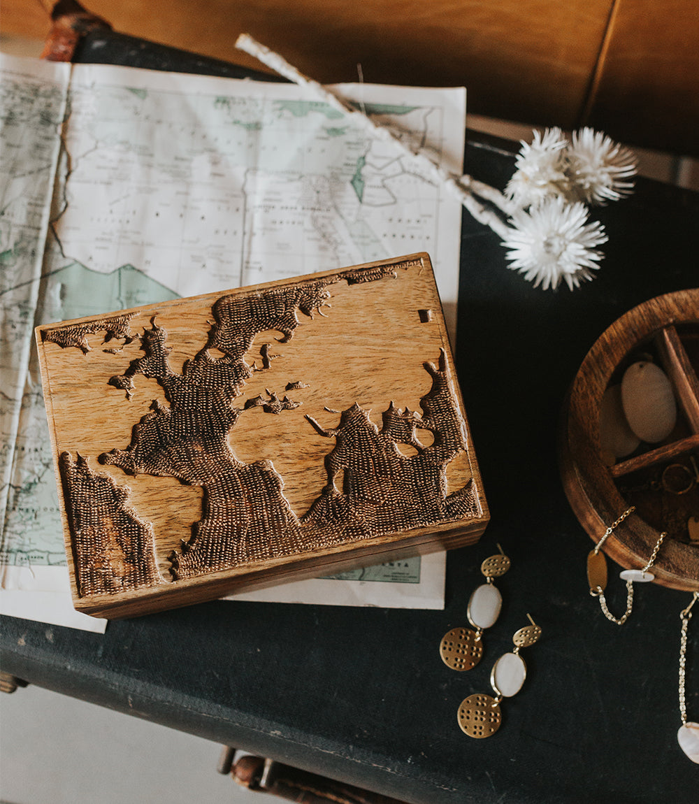 World Map Jewelry Box With Tray- Hand Carved Wood