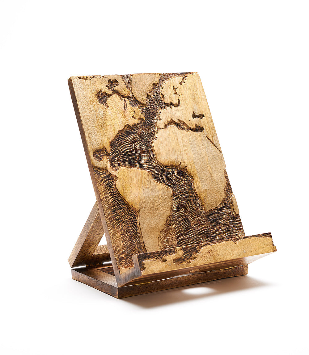 World Map Book Stand Tablet Holder - Hand Carved Wood