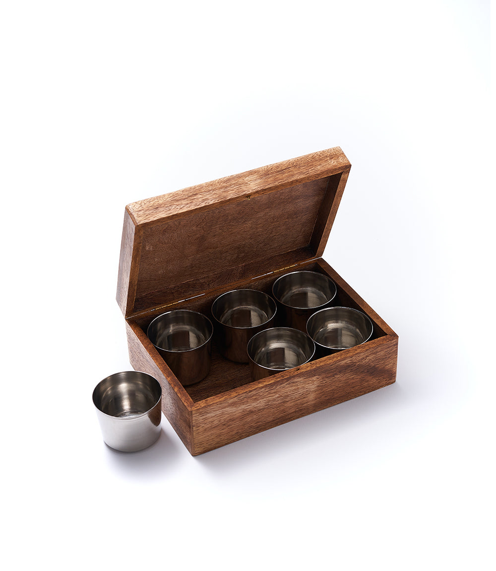 World Map Spice Box with 6 Steel Bowls, Handcrafted Wood - Matr Boomie Wholesale