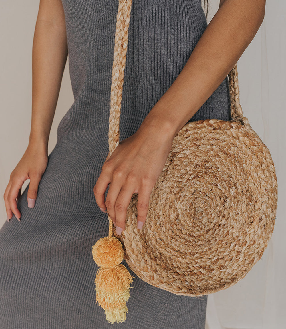 Pom Pom Jute Tassel Crossbody Bag - Natural, Hand Woven