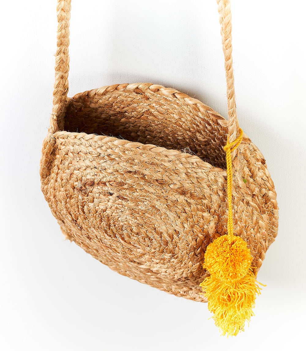 Pom Pom Jute Tassel Crossbody Bag - Natural, Hand Woven