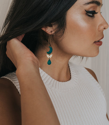 Rajani Moon Phase Drop Earrings - Teal, Gold