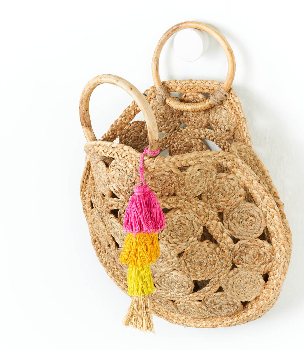 Round Wooden Handle Jute Tote Bag - Natural, Hand Woven - Matr Boomie Wholesale