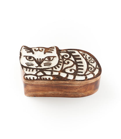 Aashiyana Cat Wooden Pivot Box - Hand Carved Antique Finish