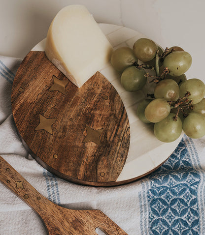 Nakshatra Moon Stars Cheese Board - Bone, Wood, Brass