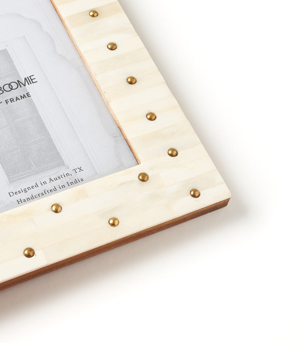 Mukhendu 5x7 Picture Frame - Carved Bone, Brass Studs