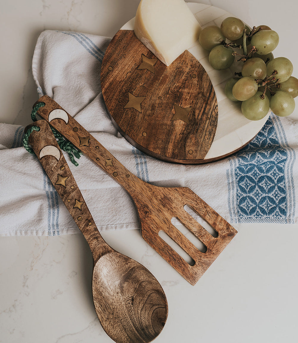 Nakshatra Moon Stars Serving Utensils Set - Carved Wood, Bone