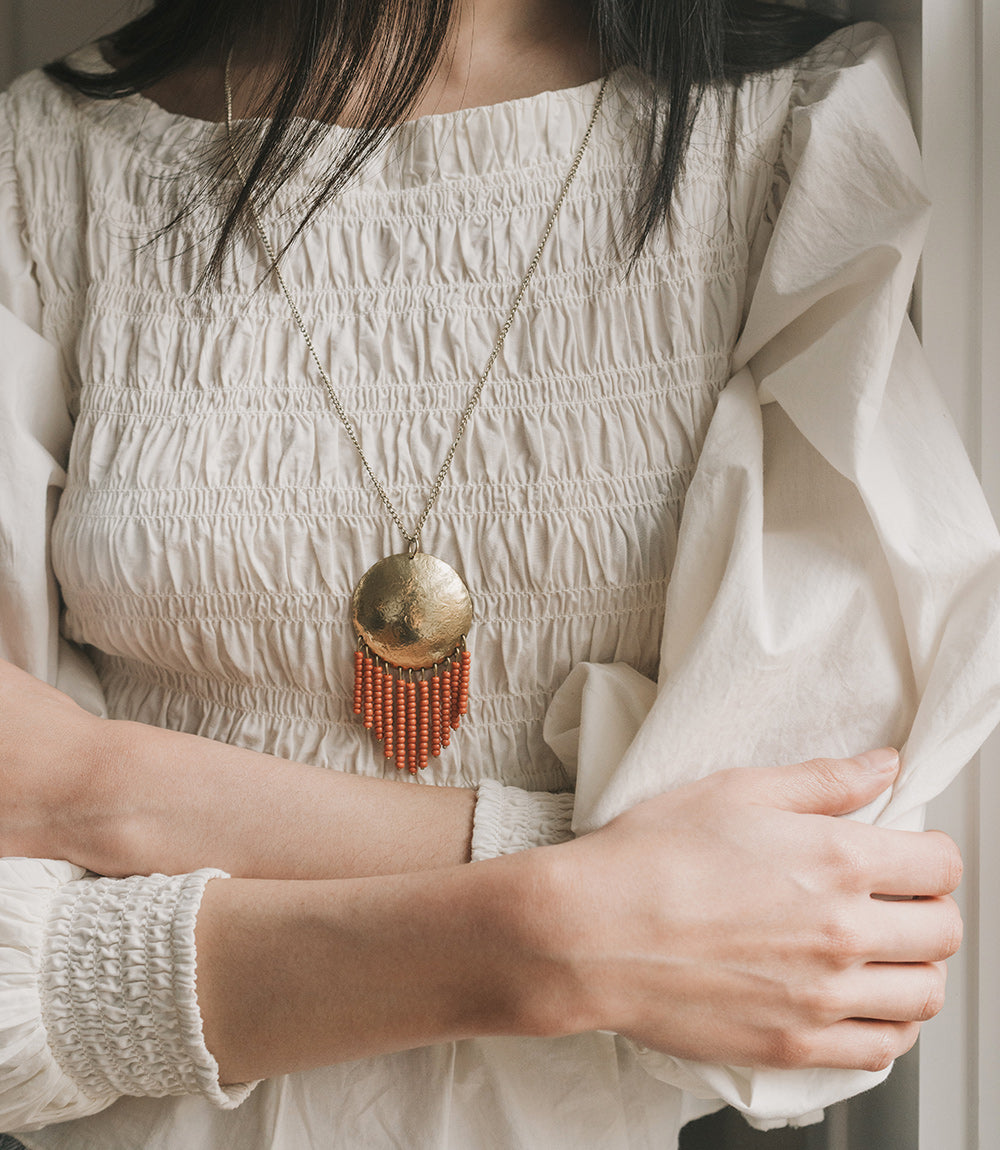 Chaya Hammered Coin Beaded Fringe Drop Necklace - Gold, Coral