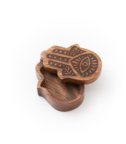 Hamsa Salt Cellar Spice Box Swivel Lid - Hand Carved Wood