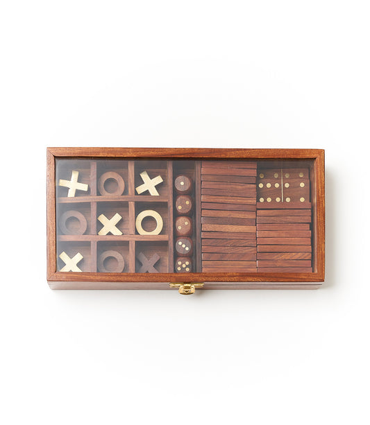 3-in-1 Game Set Dice, Dominoes, Tic Tac Toe - Handcrafted Wood
