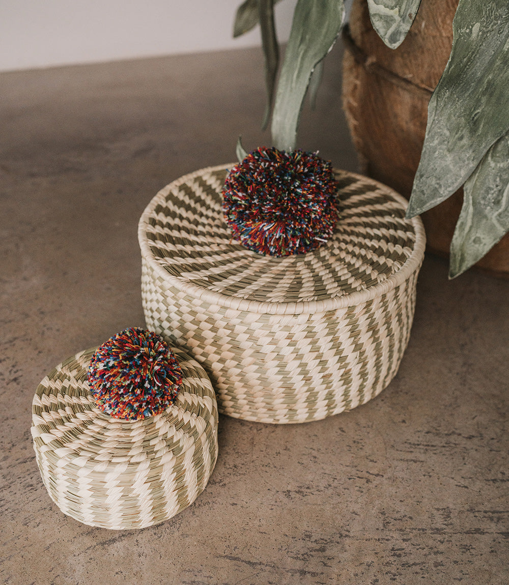 Pom Pom Small Storage Basket with Lid - Hand Woven