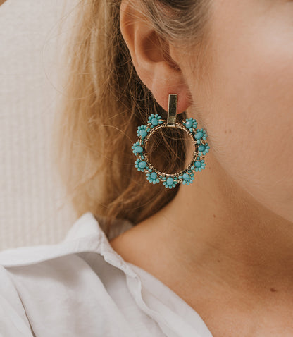 Jatasya Flower Hoop Earrings - Turquoise