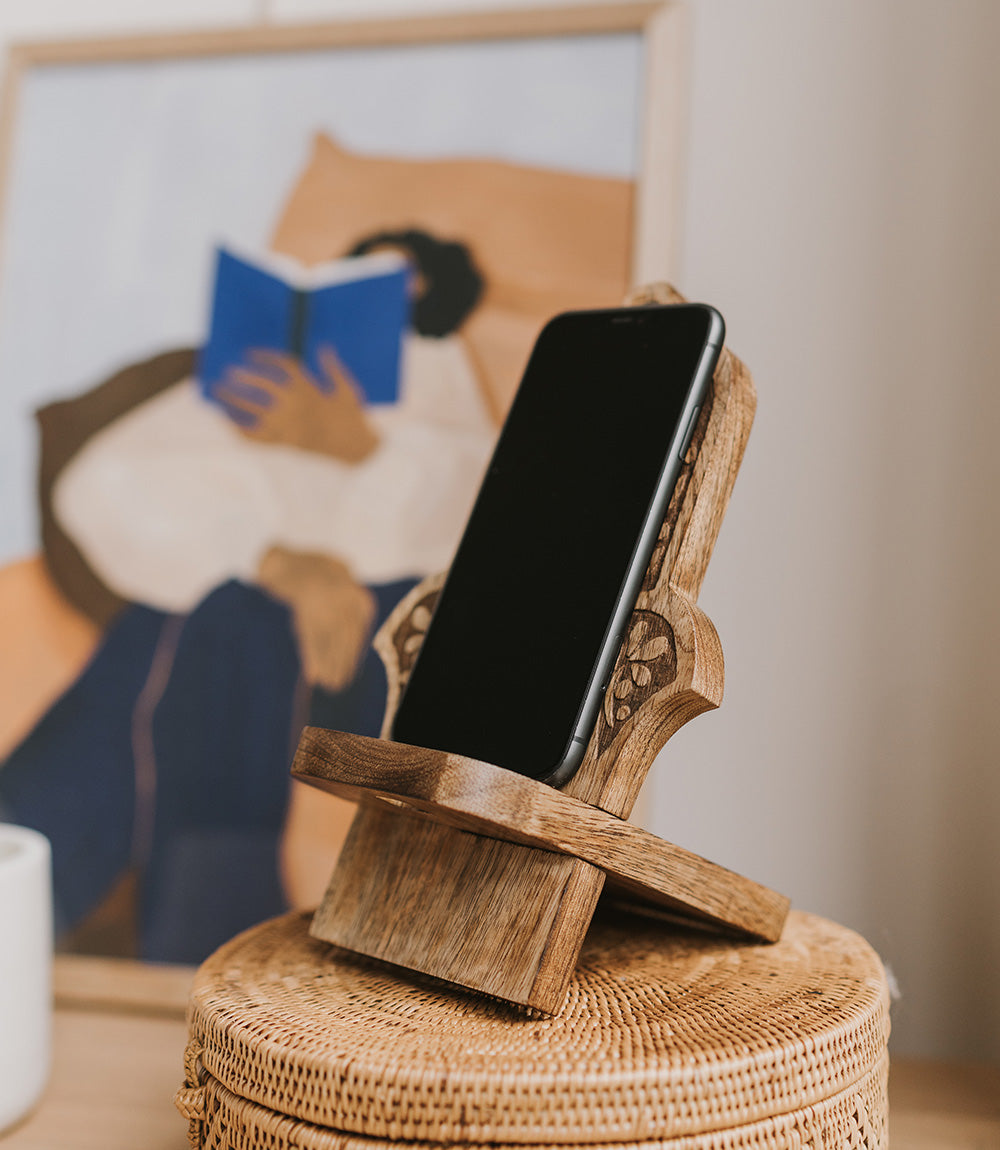 Hamsa Phone Stand for Desk - Mango Wood, Fair Trade