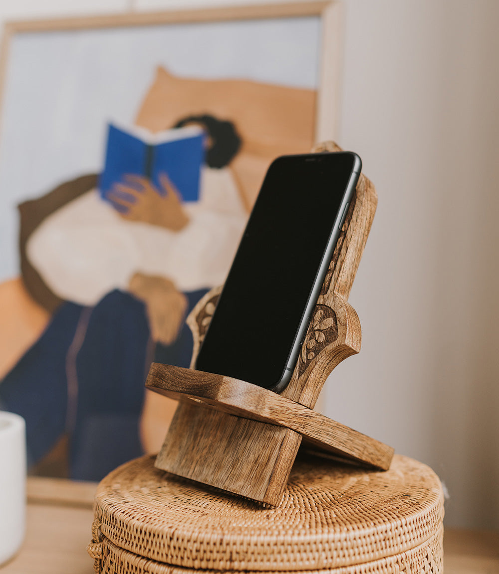 Hamsa Phone Stand for Desk - Mango Wood, Fair Trade