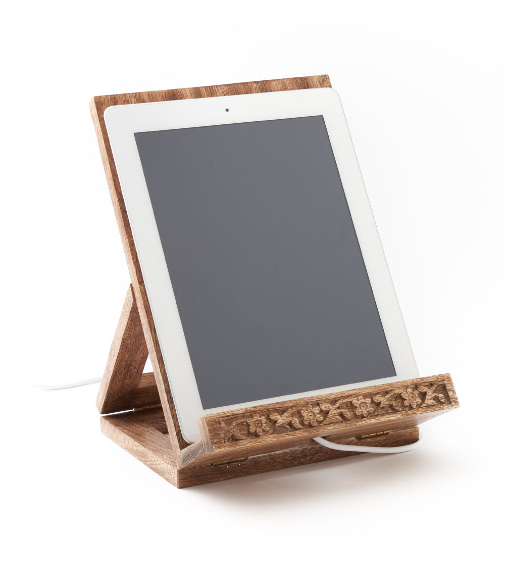 Mandala Floral Book and Tablet Stand - Hand Carved Wood