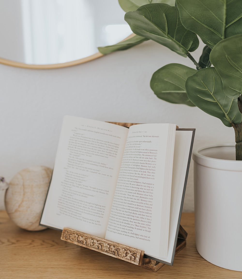 Mandala Floral Book and Tablet Stand - Hand Carved Wood