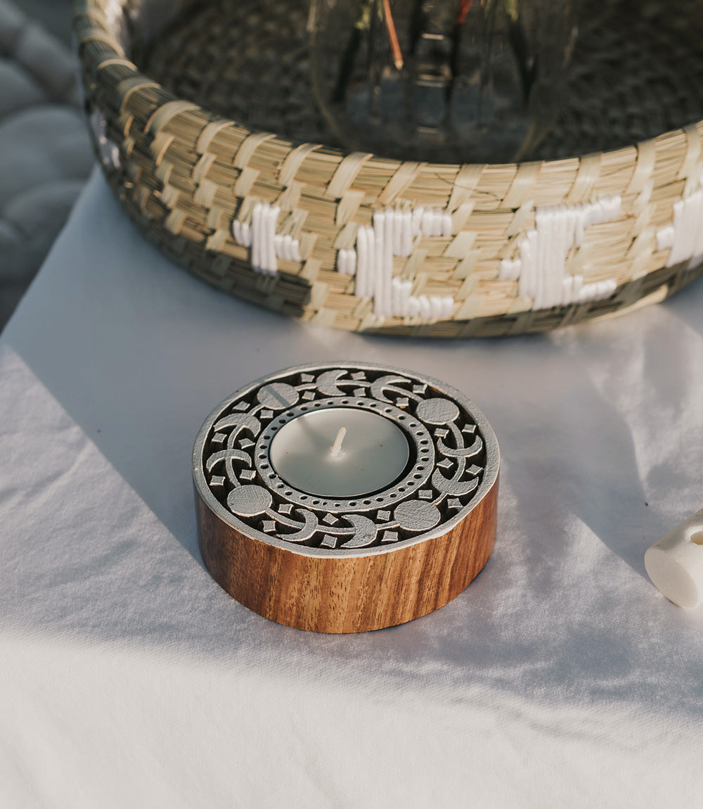 Aashiyana Moon Phase Tealight Candle Holder - Carved Rosewood