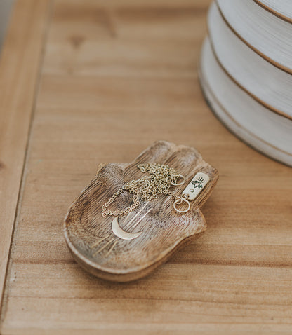 Drishti Hamsa Jewelry Tray Trinket Dish - Wood, Brass inlay