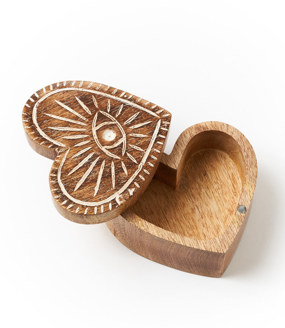 Drishti Evil Eye Heart Box with Swivel Lid - Hand Carved Wood