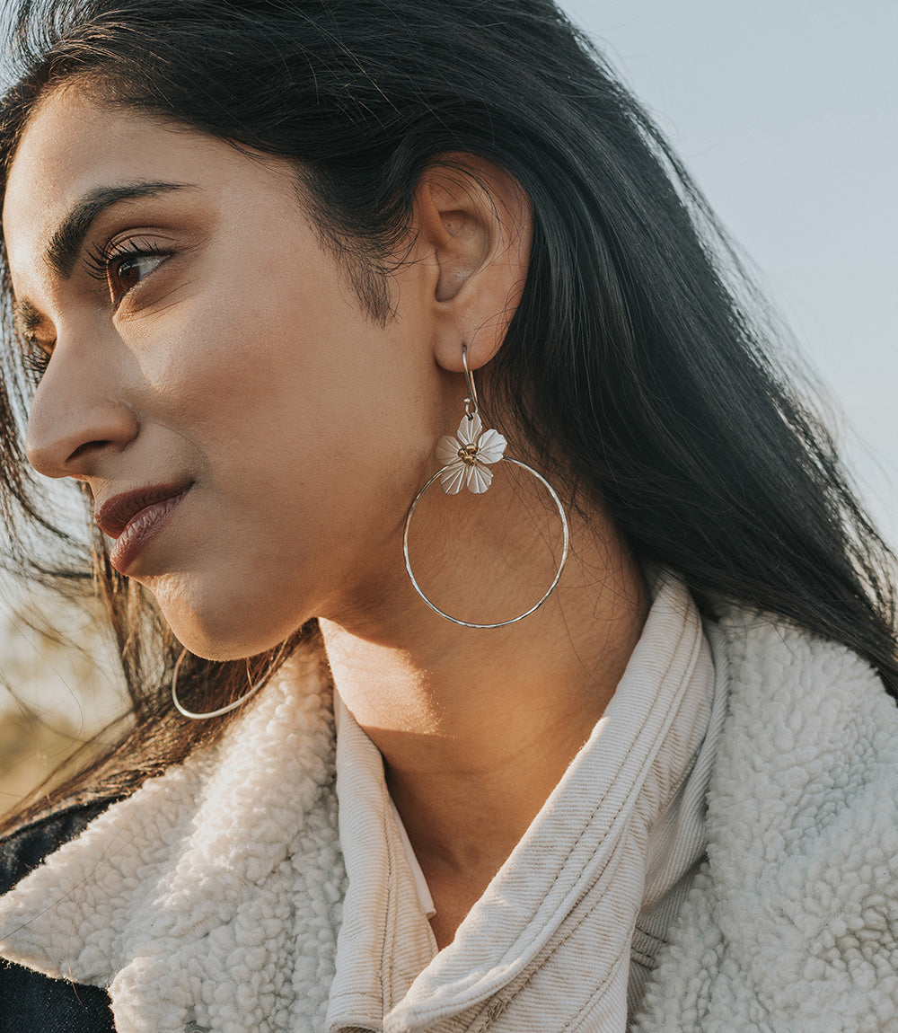 Sayuri Flower Silver Hoop Earrings