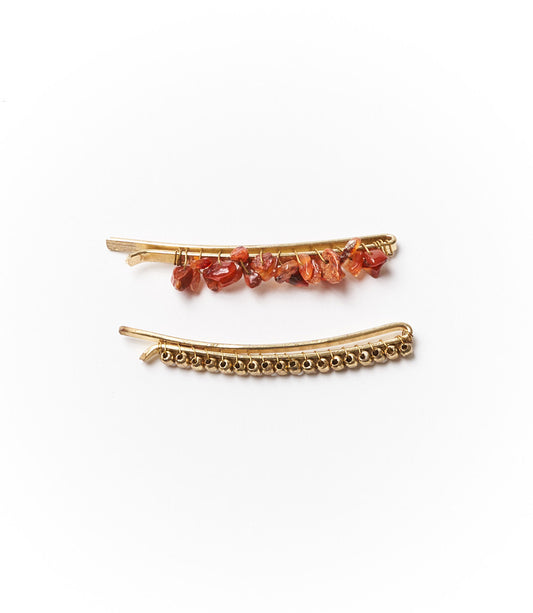 Indali Carnelian Bobby Pins Set of 2 - Orange, Semi Precious