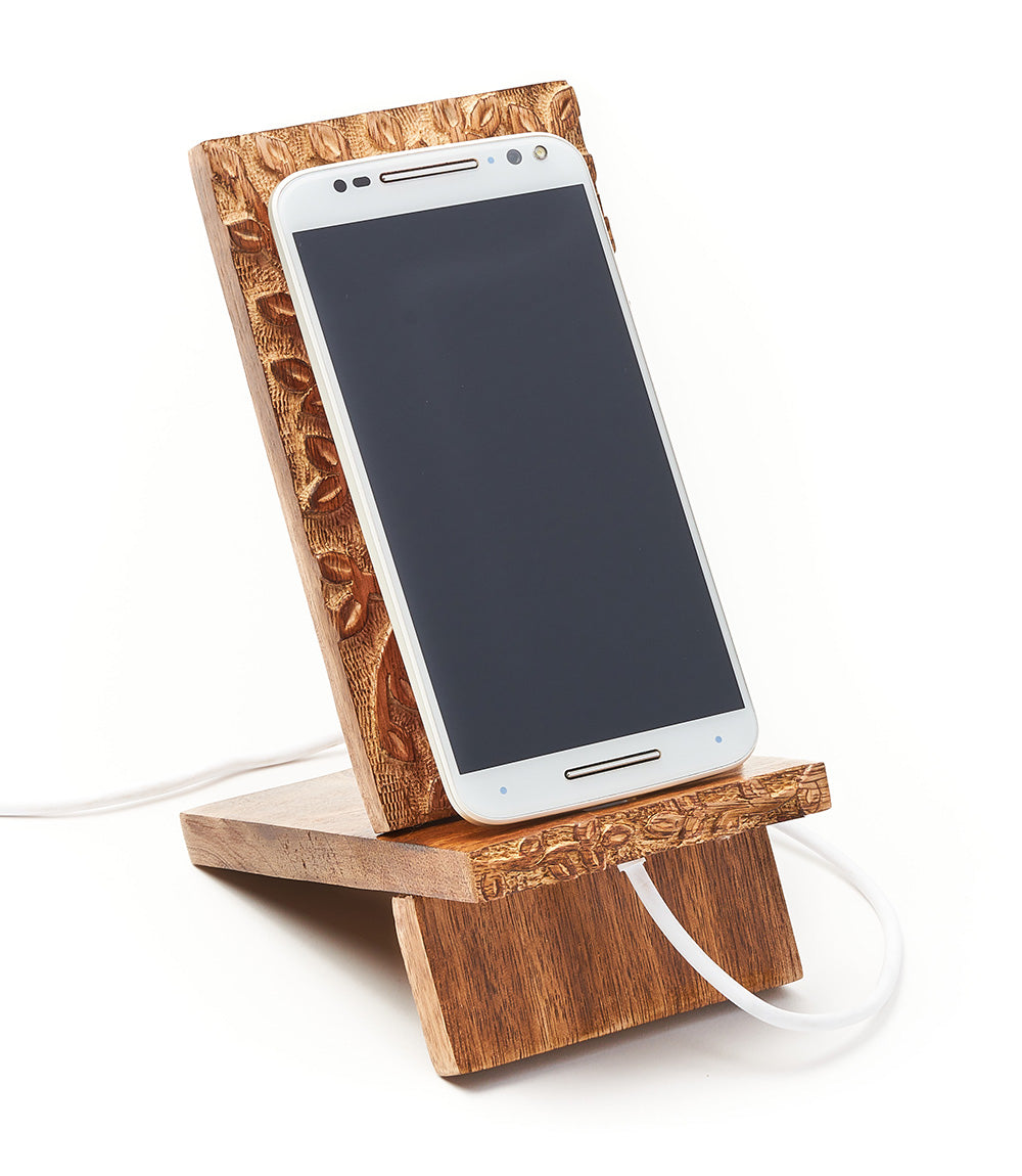 Aranyani Tree of Life Phone Stand for Desk - Hand Carved Wood