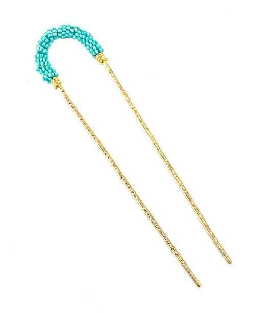 Jatasya Beaded Hair Pin - Turquoise. Gold