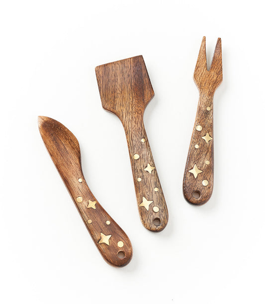Nakshatra Stars Cheese Knives Set of 3 - Wood, Brass Inlay