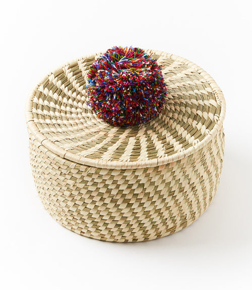 Pom Pom Large Storage Basket with Lid - Hand Woven