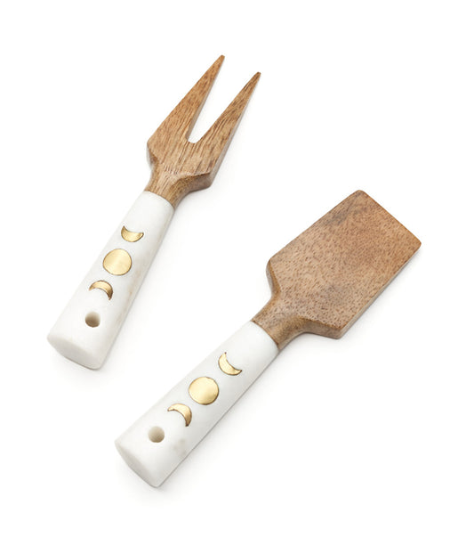 Indukala Moon Phase Cheese Knives Set of 2 - Mango Wood, Marble