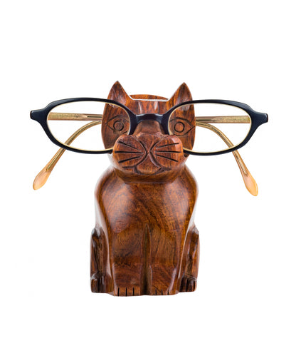 Cat Eyeglass Holder Stand - Hand Carved Wood