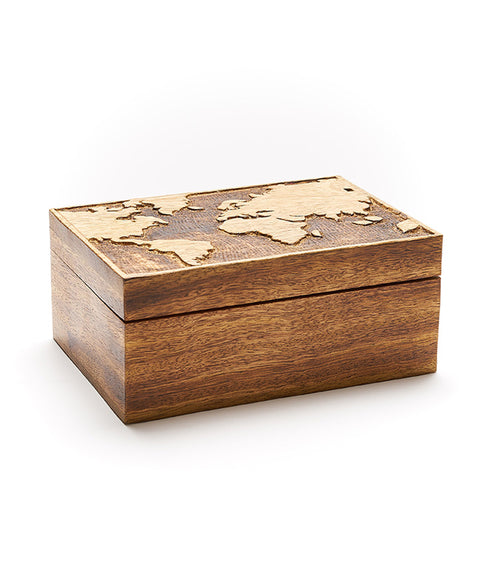 World Map Jewelry Box With Tray- Hand Carved Wood