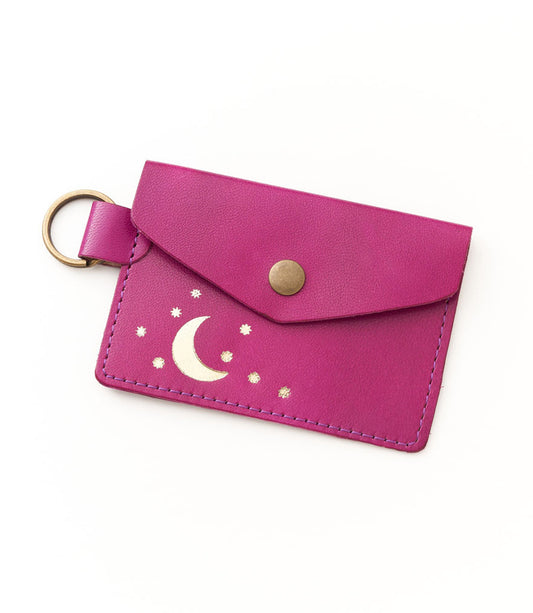 Indukala Moon Stars Leather Card Holder Wallet - Berry
