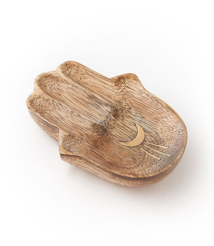 Drishti Hamsa Jewelry Tray Trinket Dish - Wood, Brass inlay