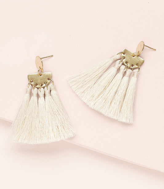 Danu Long White Tassel Drop Earrings