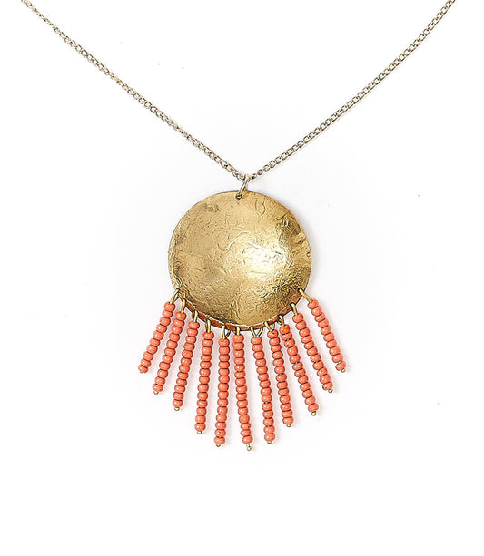 Chaya Hammered Coin Beaded Fringe Drop Necklace - Gold, Coral