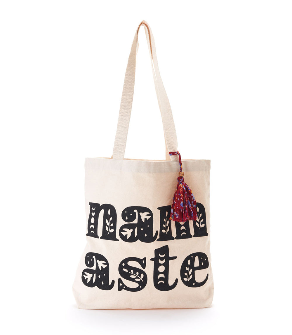 Chahna Namaste Canvas Cotton Tote Bag Upcycled Sari Tassel